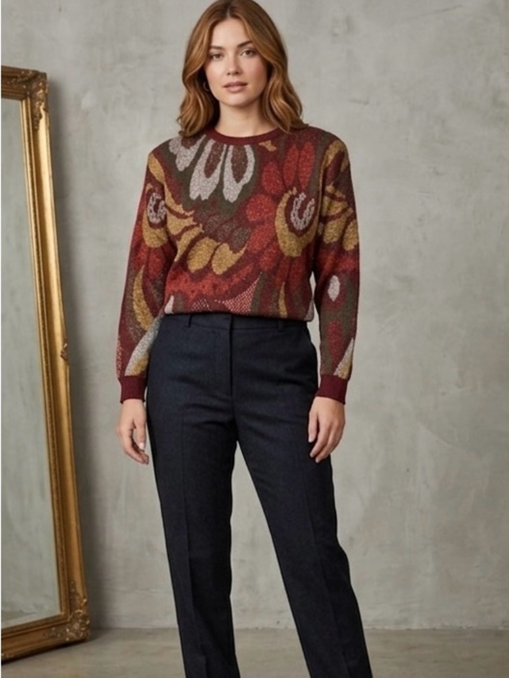 Jack Winter Floral Patterned Long Sleeve Sweater - Red, Green, Gold Size M
